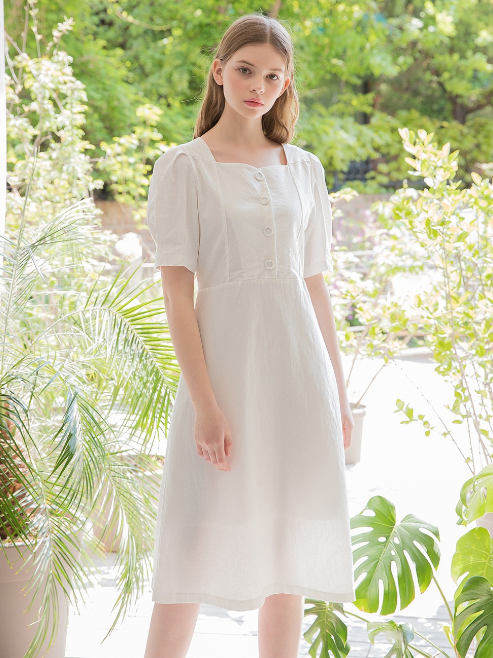 Linen Square Long Dress Ivory