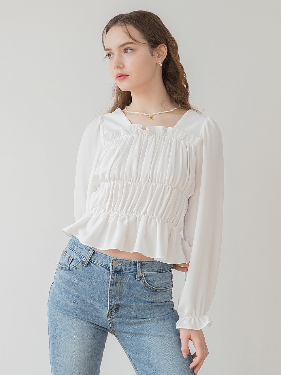 Frill Square Blouse Ivory