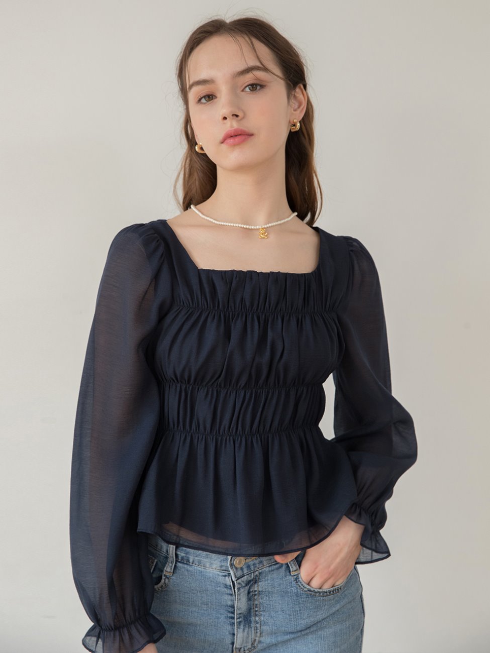Square Band Blouse Navy